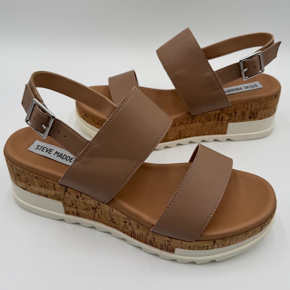 Steve Madden Brenda Platform Wedge Sandals Women 9.5M Tan Leather Cork Slingback